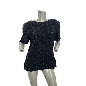 Gold Star vintage 80s black sequin short-sleeved silk top size L